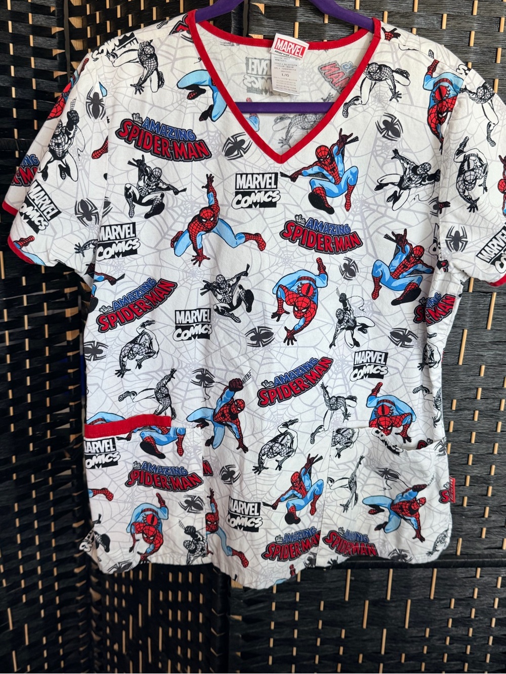 Women’s large Marvel Spider-Man V-Neck Scrub Top in White, Red & Blue